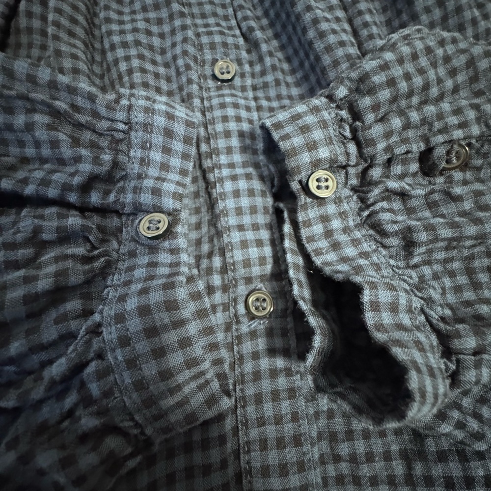 H&M Navy Gingham Ruffle Shoulder Button-Up Blouse XL - Picture 6 of 9